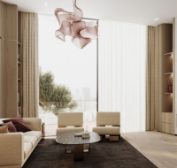 Spacious modern living room with large windows and fireplace