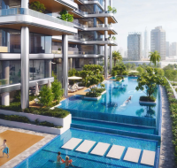 A modern building with a tiered pool, greenery, and park views toward the skyline.