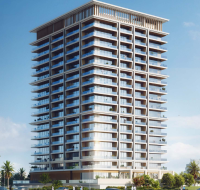 Sunset view of the Binghatti Pinnacle tower in Al Jaddaf, showcasing contemporary architecture and a city skyline backdrop.