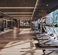 Workout area with treadmills and strength machines