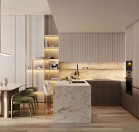 Modern kitchen with built-in appliances and sleek cabinetry