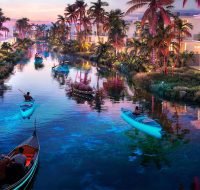 A beautiful, illuminated residential canal at sunset with people kayaking and riding in gondola-style boats.