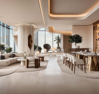 Luxurious modern lobby with curved sofas, dining area, and city views