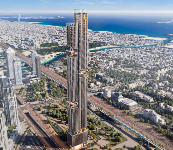 Modern DWTN Residences building tower against an urban city skyline backdrop