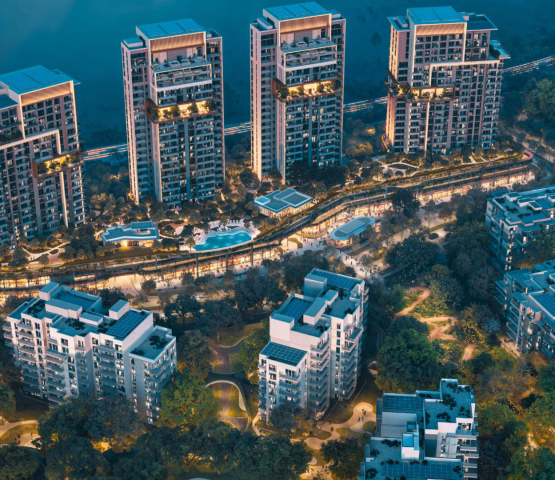 modern residential complex with multiple high-rise buildings, green spaces, and a pool