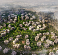 Modern architectural structure with curved glass facade, pool, and children's playground at Ghaf Woods