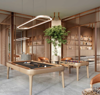 outdoor children's play area with swings and a soft-surface flooring