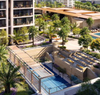 Luxury landscaped courtyard with swimming pool and leisure amenities.