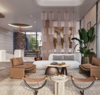 Luxury modern lounge interior in Jumeirah Islands with contemporary seating, decorative lighting, and stylish furnishings.