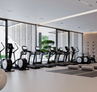 Contemporary fitness center featuring mirrored walls, organized weights, and large windows with greenery views.