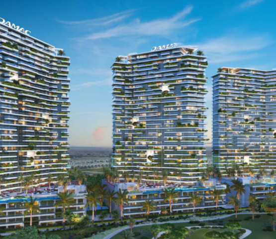 Modern facade of Golf Greens Tower 2 at DAMAC Hills, Dubai