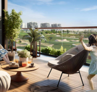 Woman relaxing on a balcony with scenic green landscape views while a child plays nearby