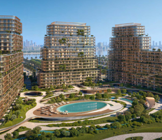 HADO by Beyond at SIØRA, Dubai Islands – Luxury waterfront residential towers with landscaped gardens and central pool.