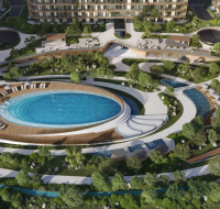 Beyond landscaped leisure podium with resort-style swimming pool and lush green outdoor spaces.
