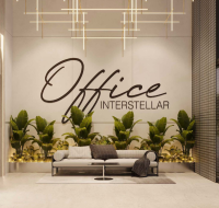 Interstellar office lobby with modern decor and indoor plants