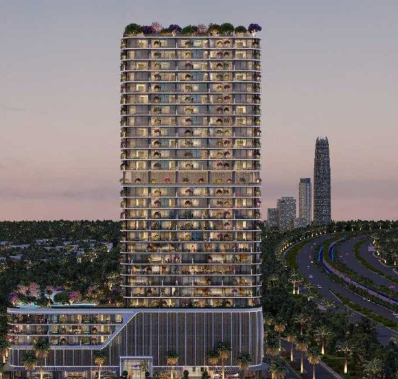 Interstellar tower with rooftop garden and curved podium design at dusk