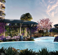 Serene poolside garden with flowering trees, seating pavilions, and ambient lighting