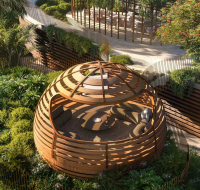 Wooden garden pavilion surrounded by lush landscaping, featuring circular seating, natural materials, and a serene outdoor retreat design.