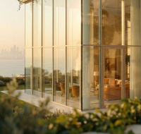Outdoor leisure pool deck with sun loungers and sea views