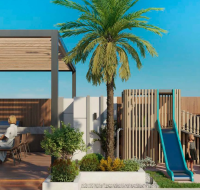 Planned community with lagoon in desert landscape