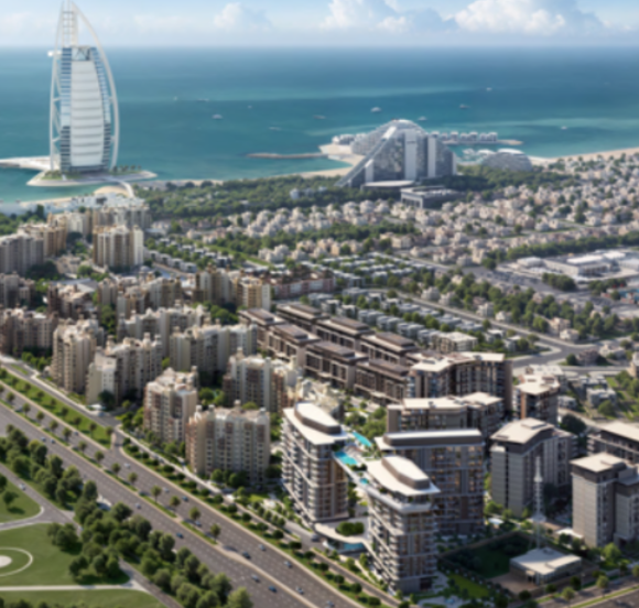 Aerial view of MJL Nourelle by Meraas, showing the residential buildings and the adjacent Burj Al Arab.