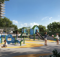 Children playing on outdoor playground with slides and toys