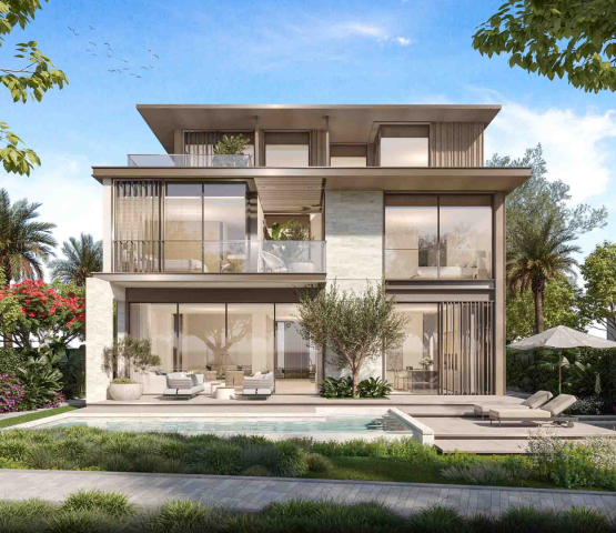 Modern villa exterior with landscaped surroundings in a gated Meydan community