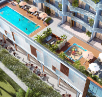 Rooftop pool and lounge with waterfront views .