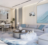 Modern open-plan living room with stylish furniture and contemporary decor