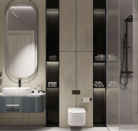 Modern bathroom with oval mirror, floating vanity, and walk-in shower