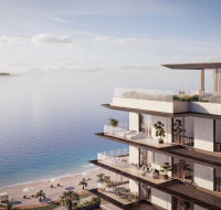 Elegant living room with sea-facing balcony in Dubai Islands residence