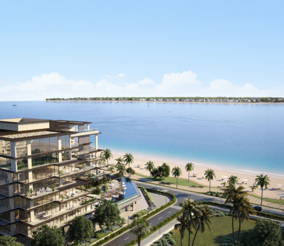 Beachfront view from private terrace at Omoria Private Residences with calm water and modern seating