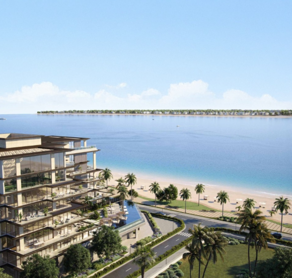 Beachfront view from private terrace at Omoria Private Residences with calm water and modern seating