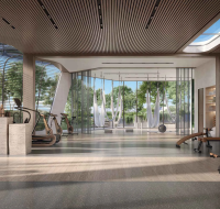 Spacious gym with workout machines and natural lighting