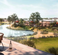 Woman enjoying golf course view from modern villa terrace with outdoor seating and landscaped greenery .