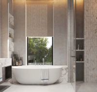 Contemporary bathroom with light marble, large mirror, and tree-view window.