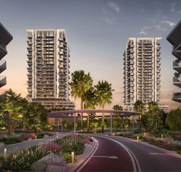 Exterior view of a Rise by Athlon apartment tower, featuring contemporary design and unique themes.