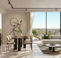 Interior of a modern 1-bedroom apartment, showing the clean, minimalist living area.