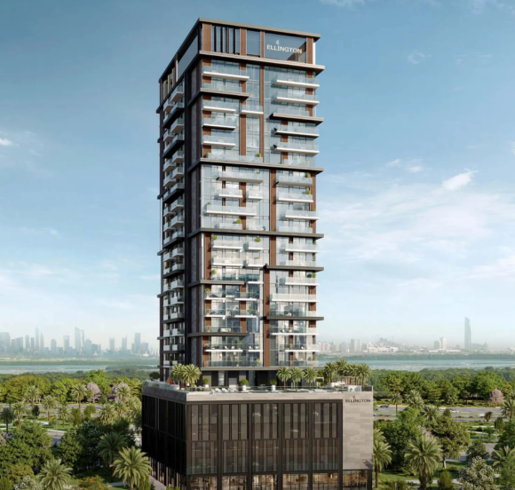 A striking architectural rendering of the Riverton House high-rise, showcasing its modern design on the Meydan Horizon lagoonfront .