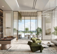 Modern lounge with pool table, stylish seating, and large windows overlooking greenery .