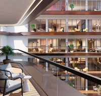 Spacious living room with floor-to-ceiling windows and neutral interiors