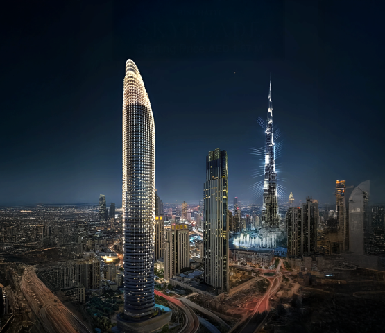 SKYBLADE by Binghatti – night render showcasing the tower’s iconic blade-shaped design and illuminated façade against the Dubai skyline.