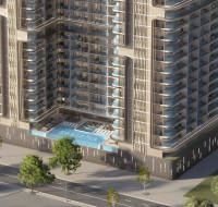 Residential tower illuminated in the evening sky