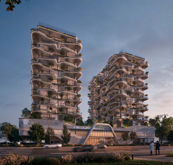 Exterior view of Serenique Treppan’s modern architecture with coastal backdrops