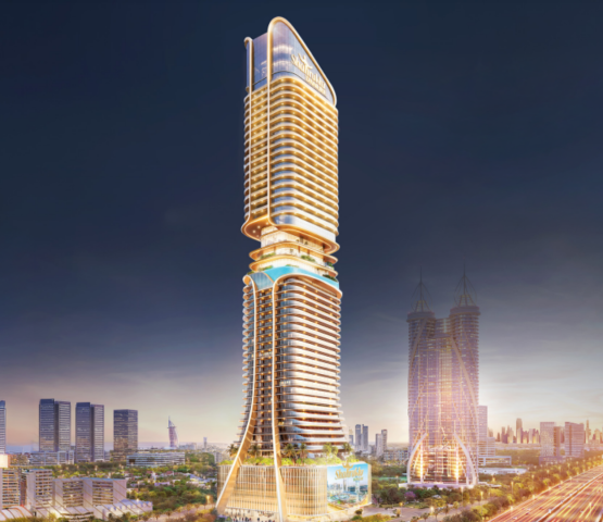 The iconic Shahrukhz by Danube commercial tower, with its distinctive architecture, overlooking Sheikh Zayed Road and the Dubai skyline.