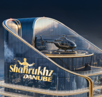 A modern glass skyscraper rooftop featuring a helipad with a helicopter, overlooking a vast city skyline.