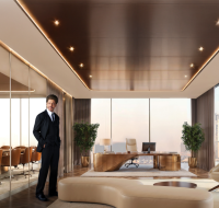 Ultra-luxury executive office with panoramic city views, a curved wooden desk, and a large meeting room.