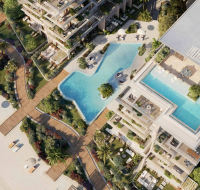 An overhead view of the tiered swimming pools and beach access at Silena Residences.