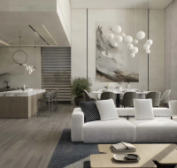 Open-plan kitchen and living area with modern interior design