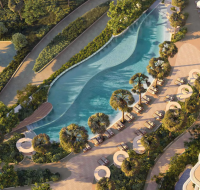 High-rise glass residential tower overlooking a dense metropolitan city, with a small rooftop pool.